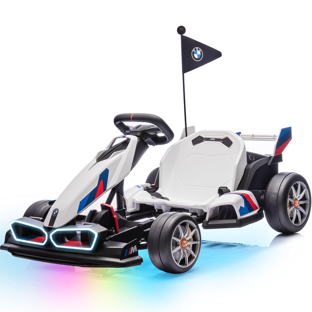 Electric Go Kart with Adjustable Seat, 24V Licensed BMW Drift Kart with Dual 200W Motors (White)