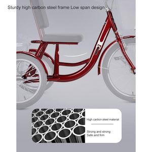Red, Adult Tricycles, Pedal Tricycle with Front and Rear Removable Baskets, Outward-Facing Toe and Rollover Prevention