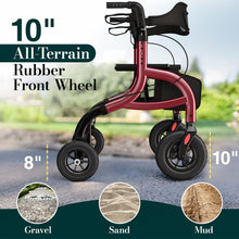 Load image into Gallery viewer, HolyHeal Walkers for Seniors, Rollator Walker with Seat and Backrest, 10" Big Wheels All Terrain, Rolling Walker Foldable Supports 350lb, Lightweight &amp; Height Adjustable, Cane &amp; Cup Holder, Burgundy
