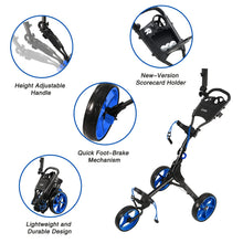 Load image into Gallery viewer, KVV 3 Wheel Foldable/Collapsible Golf Push Cart Ultra Lightweight Smallest Folding Size, New-Version Scorecard Holder Free Umbrella Holder Included(Black/Blue)
