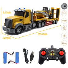 Load image into Gallery viewer, RC Semi Truck with Trailer, 1:24 RC Semi-Trailer Engineering Tractor with Sound and Lights, 2.4Ghz Remote Control Flatbed Truck
