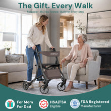 Load image into Gallery viewer, StepPilot Zero Wobble Rollator Walker with Seat for Seniors, 350lb Capacity, 18" Extra Wide Seat, 8" Wheels &amp; Dual Brake, One-Hand Folds to 9.6", 7-Level Handle Adjustable, Cup Holder &amp; Cane Clip
