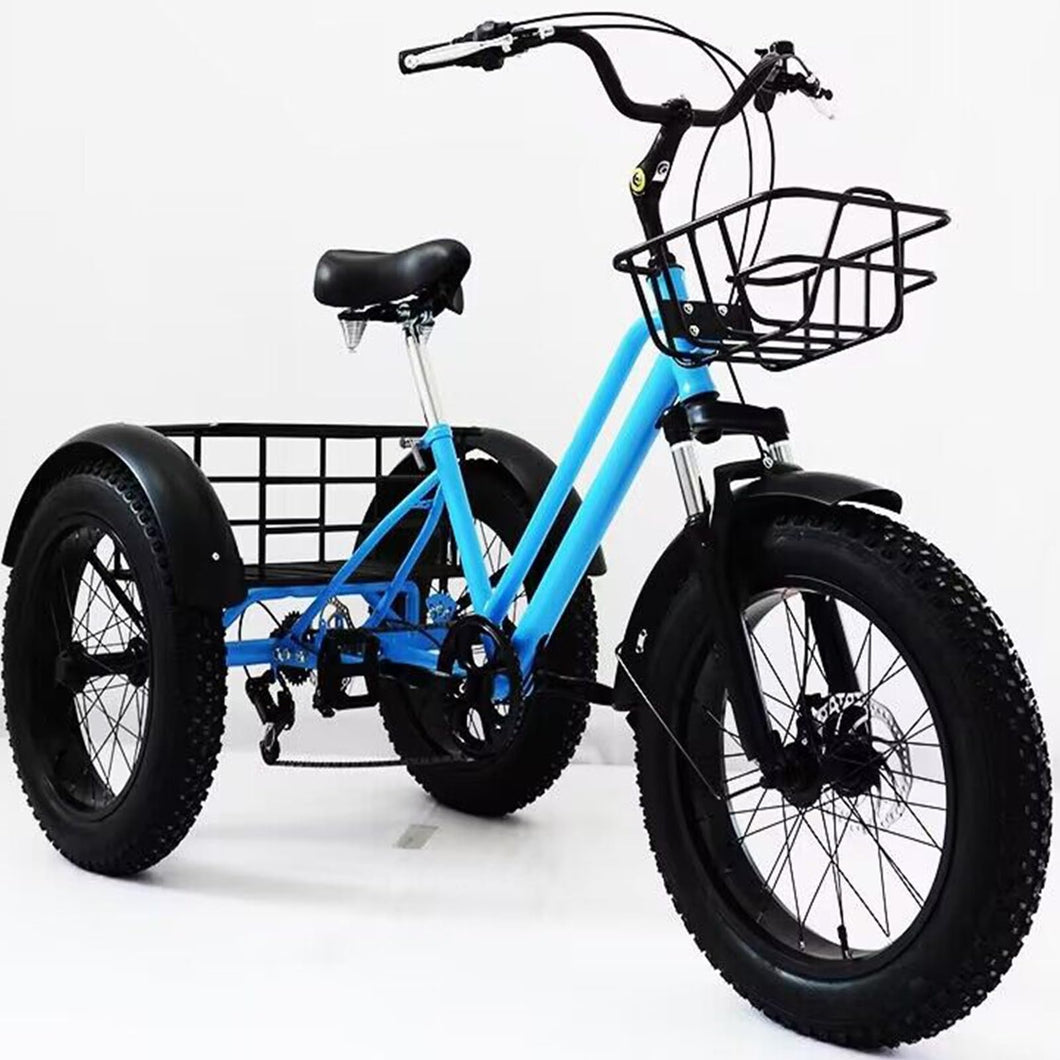 Adult Tricycle 20 Inches, Blue Fat Tire Trikes, Family Transport Off-Road Three-Wheeled Bicycles, Cruise 3 Wheel