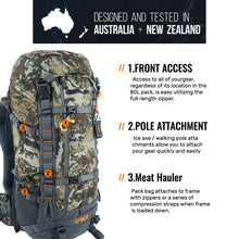 Load image into Gallery viewer, SPIKA Hunting Backpack Internal Frame for Men Waterproof Hunting Pack Camouflage with Rifle Holder Extendable 80L Capacity
