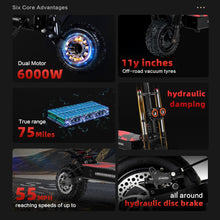 Load image into Gallery viewer, Adult Electric Scooter, 55mph, 6000W Dual Motors, Range Up to 75 Miles, with Dual Hydraulic Brakes, Foldable, 11” Tires
