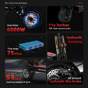 Adult Electric Scooter, 55mph, 6000W Dual Motors, Range Up to 75 Miles, with Dual Hydraulic Brakes, Foldable, 11” Tires