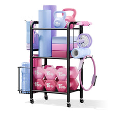 Load image into Gallery viewer, Josmimic 3-Tier Heavy-Duty Home Gym Storage Rack with Hooks and Smooth Wheels for Workout Gear
