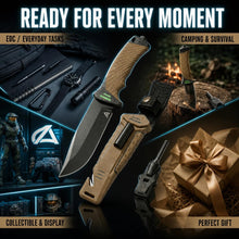 Load image into Gallery viewer, Naifu Bushcraft 6-in-1 Survival Knife — Full Tang Fixed Blade Hunting Knife with Sheath, 4.33 Inch Drop Point Blade, Built-in Sharpening Stone, Ferro Rod Fire Starter, Whistle, Glass Breaker &amp; Paracord — Camping, Bushcraft, EDC Gear
