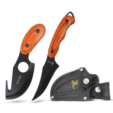 Load image into Gallery viewer, Elk Ridge ER-300BN, 2-Piece Fixed Blade Hunting Knife Set with Gut Hook and Caping Knife, 3Cr13MoV Steel, Wood Handle, Nylon Sheath, 7 Inch and 6.4 Inch, Black Blade
