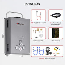 Load image into Gallery viewer, Tankless Water Heater, CAMPLUX 1.58 GPM Propane Portable Water Heater With Pump Kit, Gray, BW158GP60
