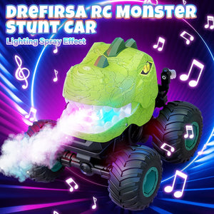 Remote Control Car for Boys Age 4-7 8-12, 50min+ Runtime Dinosaur Monster Truck Toy with Spray, Light, Music, 360 Rotating