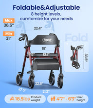 Load image into Gallery viewer, VOCIC Walkers for Seniors, Z21 Rollator Walker with Seat Supports 350lb, 8" Big Wheels for All Terrain, Ergonomic Arc Seat &amp; 6" Ultra Backrest Foldable Walker, Dual Height Adjustment, Lightweight 2025
