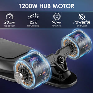 Electric Skateboards Glow in The Dark, 1200W Powerful Motor, 28MPH Top Speed, 4/6AH Battery, 16/28Miles Max Range