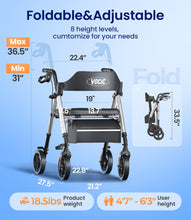 Load image into Gallery viewer, VOCIC Walkers for Seniors, Z21 Rollator Walker with Seat Supports 350lb, 8" Big Wheels for All Terrain, Ergonomic Arc Seat &amp; 6" Ultra Backrest Foldable Walker, Dual Height Adjustment, Lightweight 2026

