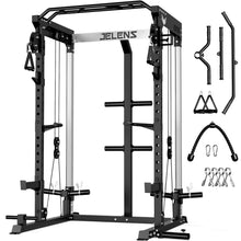 Load image into Gallery viewer, JELENS C21 Power Cage, 2000LBS Multi-Function Power Rack with Independent Dual Pulley System, All-in-One Squat Rack for Cable Crossover, Home Gym Workout Machine (Black, C21 Power Cage)
