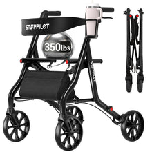 Load image into Gallery viewer, StepPilot Zero Wobble Rollator Walker with Seat for Seniors, 350lb Capacity, 18" Extra Wide Seat, 8" Wheels &amp; Dual Brake, One-Hand Folds to 9.6", 7-Level Handle Adjustable, Cup Holder &amp; Cane Clip
