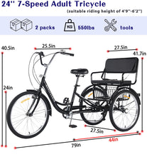 Load image into Gallery viewer, Adult Tricycle 7 Speed, Adult Tricycle with Rear seat for Ladies，24in 3-Wheel Bikes, Trike for Adults (Blue)

