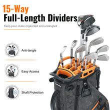 Load image into Gallery viewer, Camboke 15-Way Golf Stand Bag, Lightweight Golf Bag with Full-Length Dividers&amp;Rubber Top, Golf Club Carry Bag with Cooler Pocket, Dual Strap, Rain Hood for Men Women (Camo/Orange)

