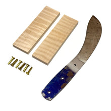 Load image into Gallery viewer, LEATHER UNLTD Buffalo Skinner Knife Kit DIY - Norwegian Style Knife Making Set with 5" Blade, Curly Maple Scales, Rivets &amp; Instruction Book - Build Your Own Knife (Buffalo Skinner Knife Kit)
