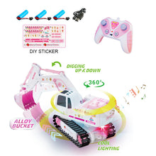 Load image into Gallery viewer, Pink RC Excavator, 6 Channel 2.4Ghz RC Construction Vehicle, 1:24 Scale Pink Excavator Toy with 360° Rotation, Light Sound and DIY Stickers
