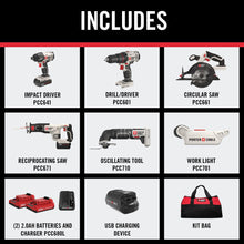 Load image into Gallery viewer, PORTER-CABLE 20V MAX* 6 Tools Combo Kit Cordless Drill Set, Impact Driver, Circular Saw, Reciprocating Saw, Oscillating Tool, Cutting Blade, Flashlight and USB Charger (PCCK617L6)
