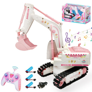 Pink RC Excavator, 6 Channel 2.4Ghz RC Construction Vehicle, 1:24 Scale Pink Excavator Toy with 360° Rotation, Light Sound and DIY Stickers