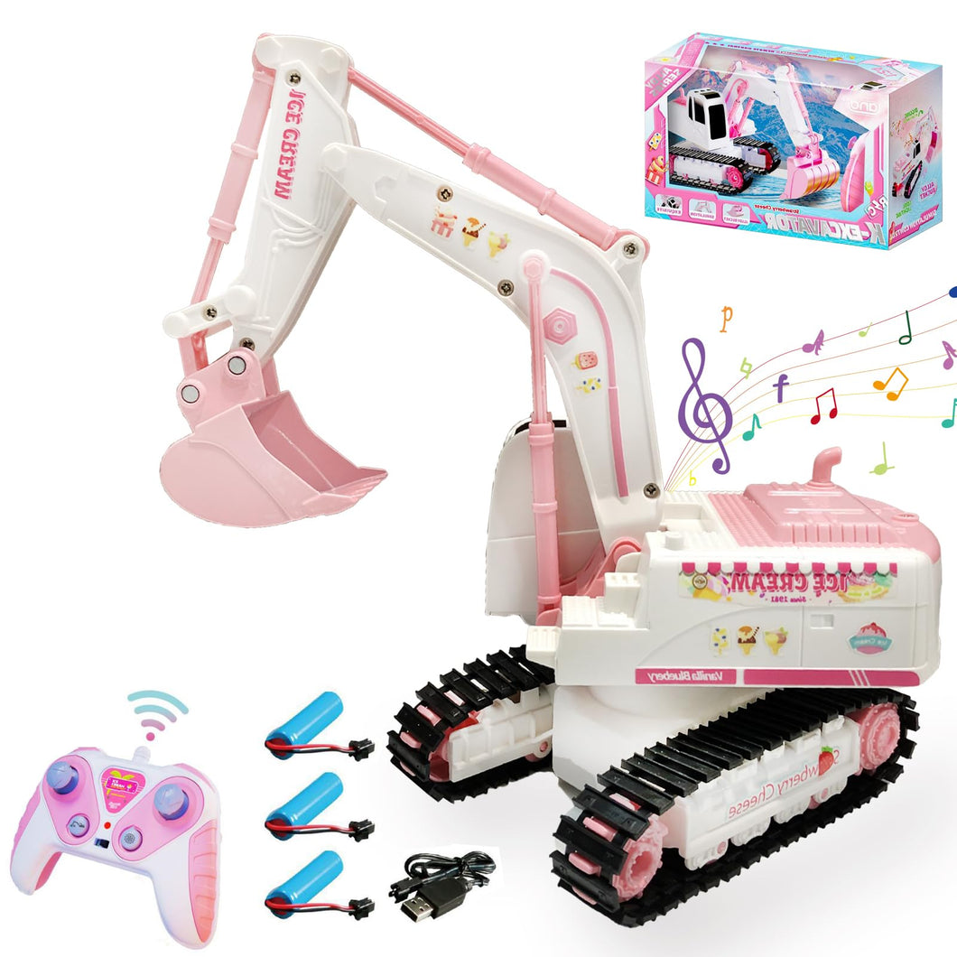 Pink RC Excavator, 6 Channel 2.4Ghz RC Construction Vehicle, 1:24 Scale Pink Excavator Toy with 360° Rotation, Light Sound and DIY Stickers