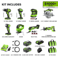 Load image into Gallery viewer, Greenworks 24V (8-TOOL) Combo (Drill+ Impact Driver+Circular Saw+Reciprocating Saw+Jigsaw+Multi-Tool+Sander+Flashlight, 4.0Ah + (2)2.0Ah (Power Bank) Batteries, (2) Cables, 65W &amp; 2A Rapid Charger
