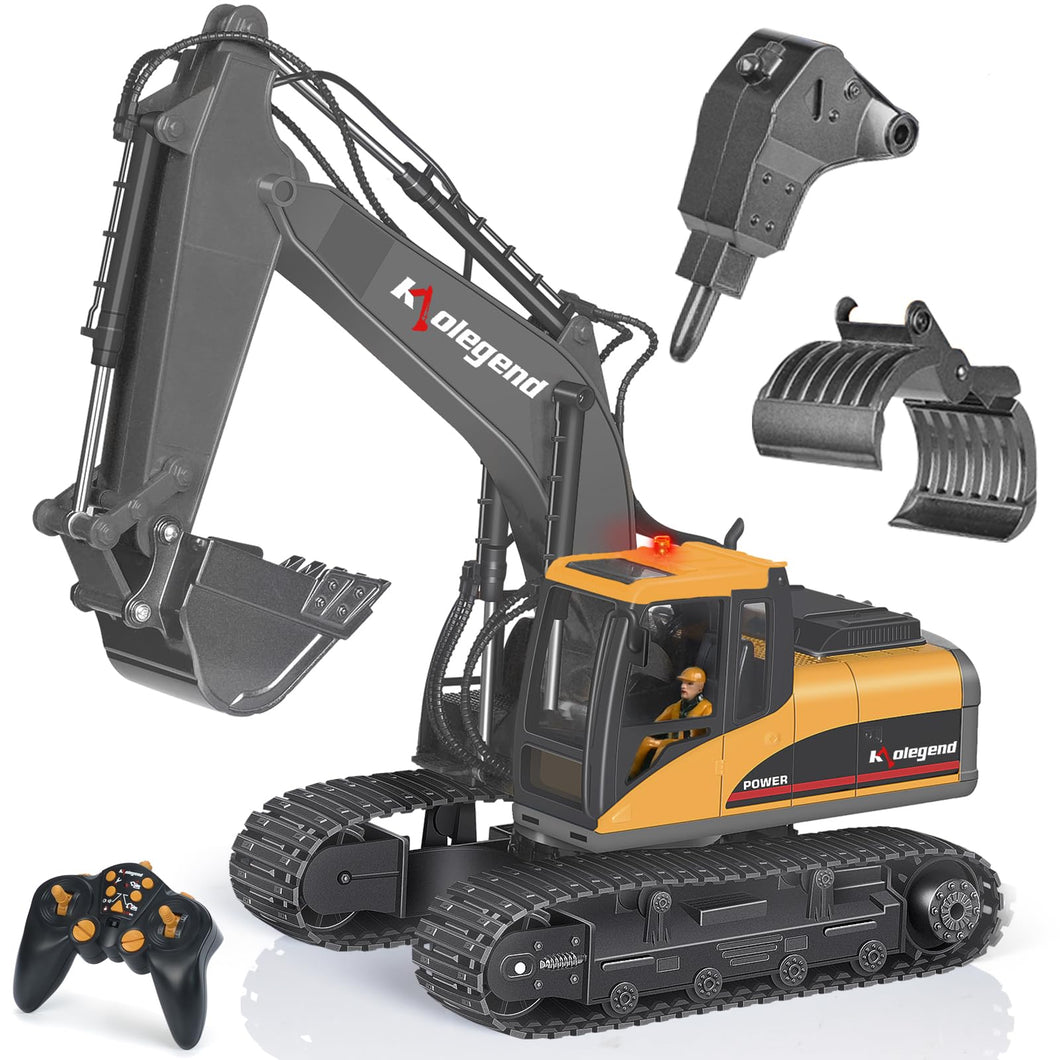 3 in 1 Remote Control Excavator Toy 1/14 Scale RC Excavator, 15 Channel Upgrade Full Functional Construction Vehicle (Yellow/Black)