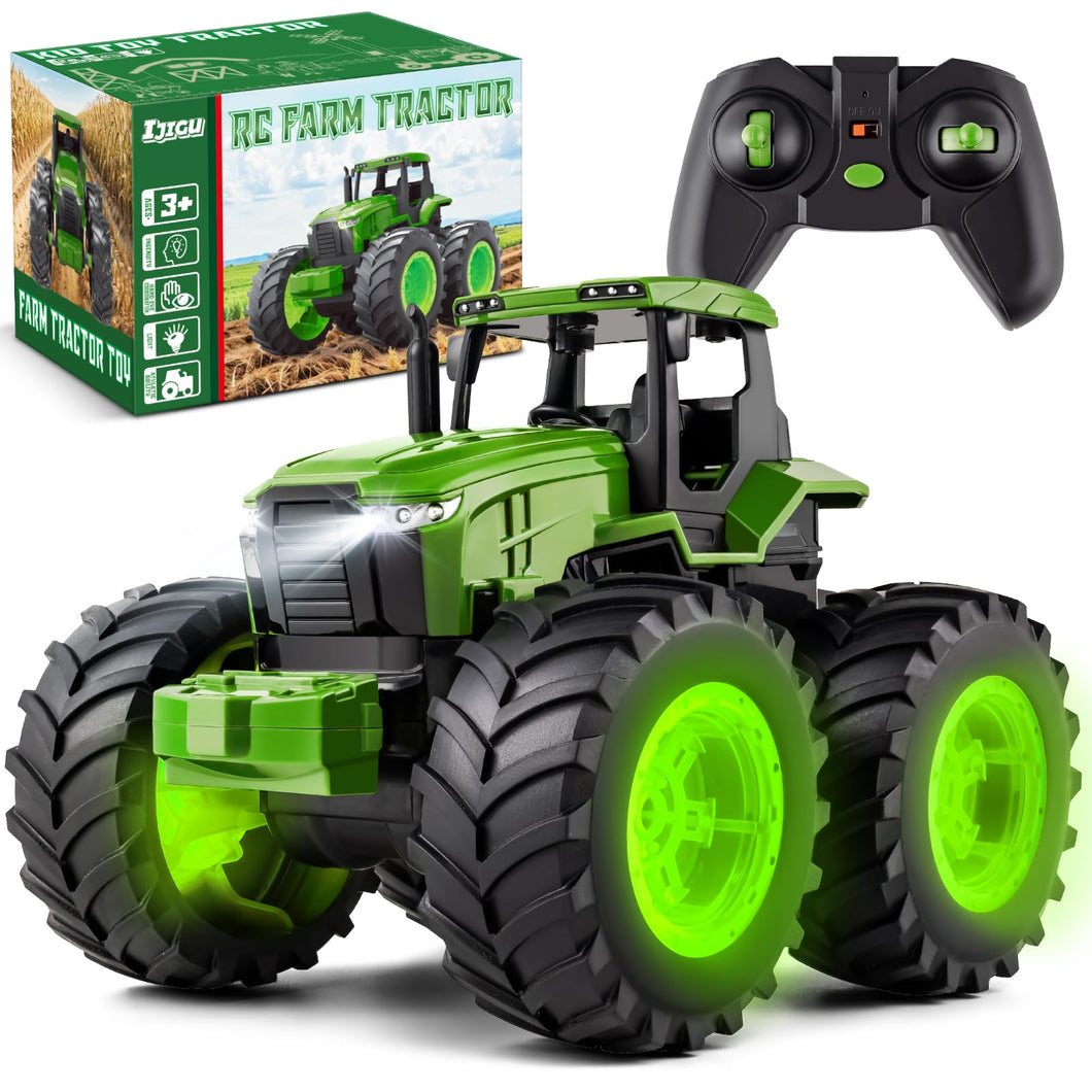 Remote Control Tractor Toys, Light Up Farm Monster Trucks Toy, 2.4 Ghz RC Tractor Toys