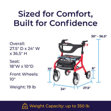 Load image into Gallery viewer, Drive Medical Nitro Sprint Foldable Rollator Walker with Seat - Lightweight Support - Large Wheels - Compact Folding Design - Adjustable Comfort - Standard Size - Red
