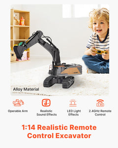 Remote Control Excavator Toy, 1:14 Scale Remote Control Digger with Metal Shovel, 22 Channel RC Excavator with Lights & Sounds