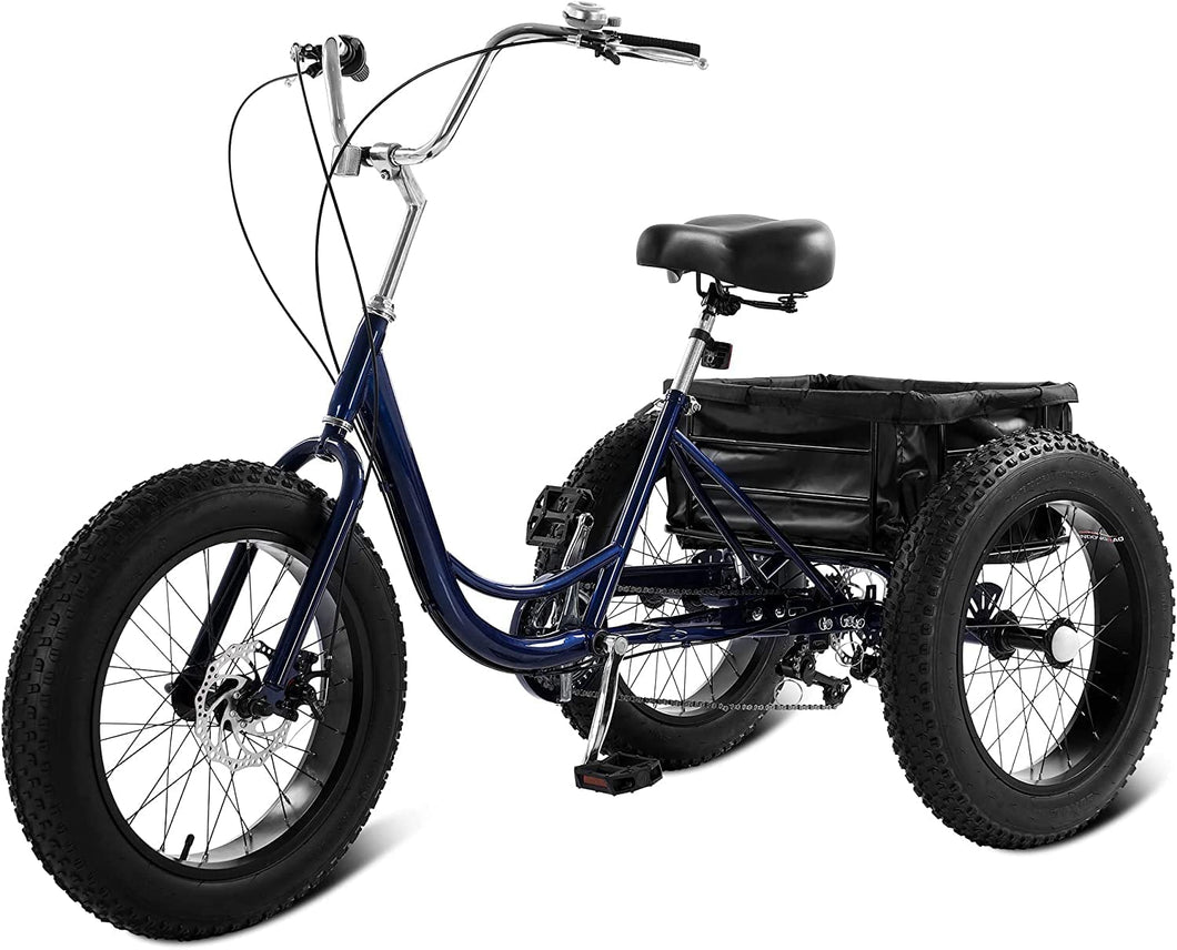 20''x4'' Tricycle for Adult, Men Women Sport Exercise Mountain Trike Cargo Backet, Cruiser 3 Wheel Bike Old Man Outdoor