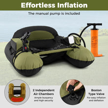 Load image into Gallery viewer, Goplus Inflatable Float Tube, Fishing Belly Boat with Fish Ruler, Pump, Storage Bag, Adjustable Straps, Fishing Float Tube for Angling, 350LBS Load Capacity (Green+Grey, Thickened，W/Rod Holder)
