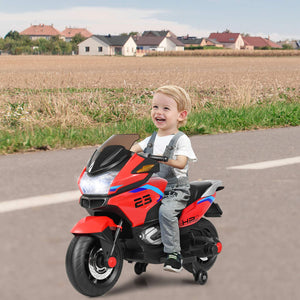 12V Kids Motorcycle, Battery Powered Electric Vehicle for Kids, Training Wheels, LED Lights, Foot Pedal (Red)