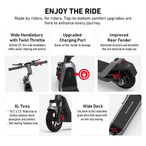 Electric Scooter - All-Terrain Suspension, 37.3 Miles Long Range, Self-Healing Tires, Max 1000W Motor, Triple-Braking System, 10.5'' Self-Healing Tires