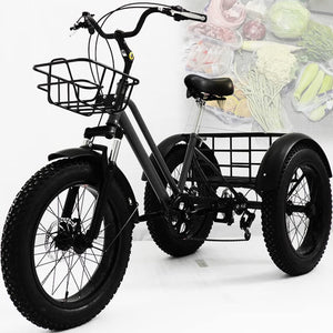 Fat Tire Trikes 7 Speed Adult Tricycle 20 inchs, Black 3 Wheel Bikes with Large Basket, Cruiser Bike for Women/Men, Adult Trike