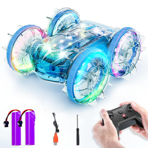 Amphibious Remote Control Car for Boys, 2.4GHz RC Boat Monster Truck with LED Lights, 4WD All Terrain Stunt Car