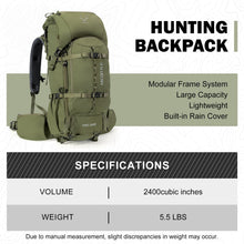 Load image into Gallery viewer, MOXULE Pro 2400 Frame Backpack - Meat Hauler Pack with Rain Cover for Outdoor - Lightweight, Green
