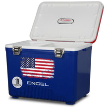 Load image into Gallery viewer, Engel UC19-RWB 19 Quart Fishing Live Bait Dry Box Ice Cooler with Stain/Odor-Resistant Surface and Shoulder Strap, USE Red, White and Blue with American Flag
