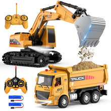 Load image into Gallery viewer, Remote Control Excavator and Dump Truck Toy Set - RC Construction Vehicles Toy with Barricades, Road Signs, Simulated Rocks
