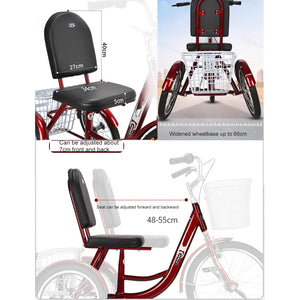 Red, Adult Tricycles, Pedal Tricycle with Front and Rear Removable Baskets, Outward-Facing Toe and Rollover Prevention