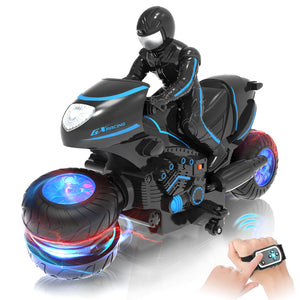 Remote Control Motorcycle Toys New Upgraded RGB Wheels Lights, RC Motorbike with 2-in-1 Remote, Gesture Sensing Stunts Dirt Bike