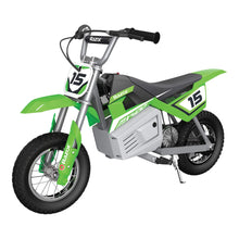 Load image into Gallery viewer, MX400 Dirt Rocket 24V Electric Toy Motocross Dirt Bike with Hand-Operated Brakes and Retractable Kickstand, Green (2 Pack)
