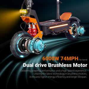 Electric Scooter Adults, 6000W Dual Motor Top Speed 52 MPH Distance Traveled 70 Miles, 11" Off-Road Tires