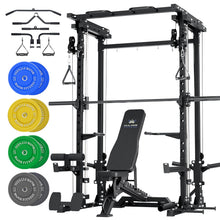 Load image into Gallery viewer, Major Fitness Drone3 Smith Machine, All-in-One Home Gym Squat Rack with Cable Crossover &amp; Pull-Up Station, Heavy-Duty Strength Training (D3SMS-BK (with Bench Elite BLK &amp; 230LB CLR BP)
