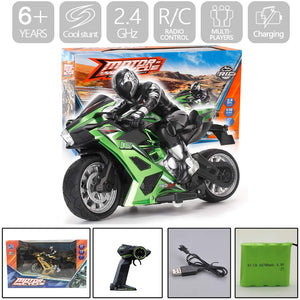 2.4G RC Remote Control Stunt Motorcycle with Riding Figure, 1:10 Scale High Speed Cross Country 360 Degree Rotation Green)