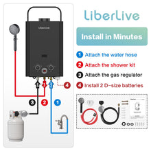 Load image into Gallery viewer, Propane Water Heater, 6L 1.58GPM 41000 BTU Portable Tankless Water Heater Outdoor, Gas Instant Hot with Handle Overheating Protection for RV Trips, Camping, Boat Cabins, Outdoor Shower, Black
