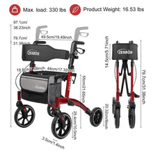 Load image into Gallery viewer, Rollator Walker for Seniors/Adults Foldable Rolling Walker with Seat 330 lbs Capacity 4 Big 8 inch Wheels Hand Grips Adjustable Height Lightweight Aluminum Walker 7205(Red)
