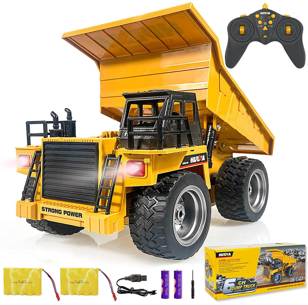 2.4G RC Truck 6 Channel Bulldozer 4 Wheel Driver Mine Construction Alloy Metal Vehicle Truck 1:18 with 2 Rechargeable Batteries